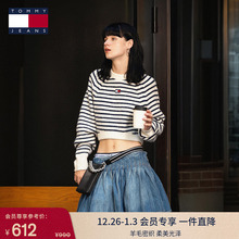 TommyJeans25秋冬新款女含羊毛混纺肌理感刺绣辣妹短款毛衣针织衫