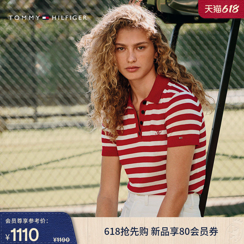 Tommy26春夏女装轻薄桑蚕丝混纺优雅通勤刺绣条纹POLO短袖针织衫