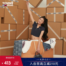 Tommy 女装潮流简约小绣标短款露腰辣妹修身V领短袖POLO衫15322