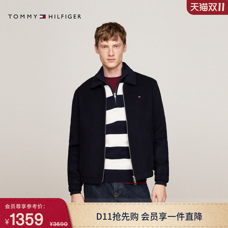 Tommy秋冬男装羊毛混纺商务休闲纯色毛呢翻领大衣行政夹克外套