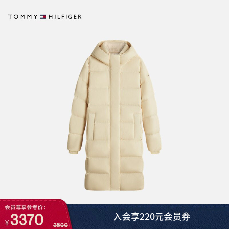Tommy26秋冬新款女装户外休闲通勤绗缝90绒长款连帽羽绒服外套