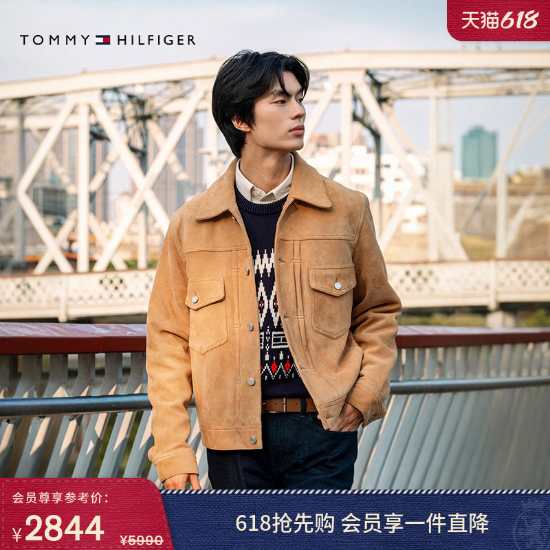 Tommy秋冬男装美式复古工装风贴袋做旧纽扣翻领反绒皮夹克外套