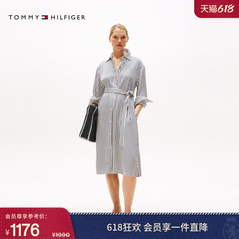Tommy春夏女装气质休闲通勤条纹收腰显瘦宽松亚洲版衬衫裙连衣裙