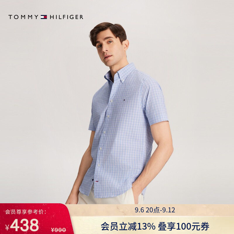 Tommy男通勤格纹尖角扣短袖衬衫图片