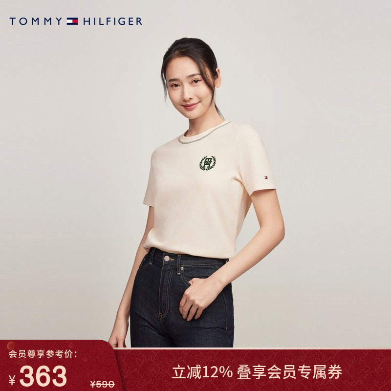 Tommy春夏女装纯棉植绒麦穗字母休闲圆领内搭打底衫针织短袖上衣