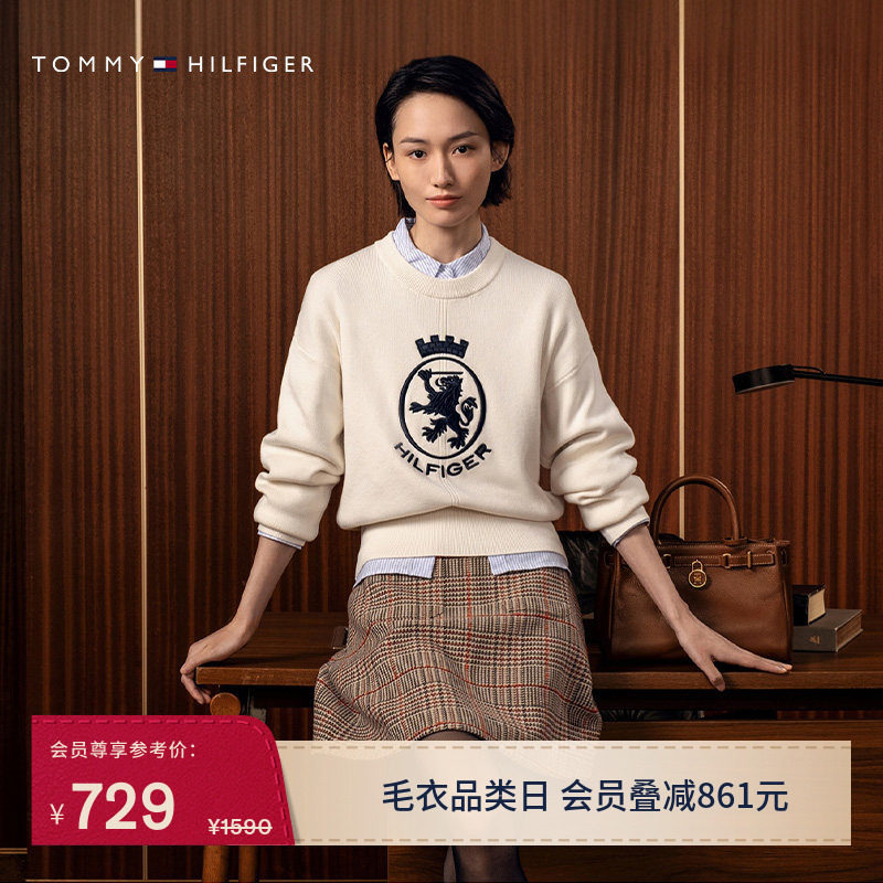Tommy秋冬女装休闲优雅条纹肩扣内搭针织衫/徽章刺绣宽松圆领毛衣