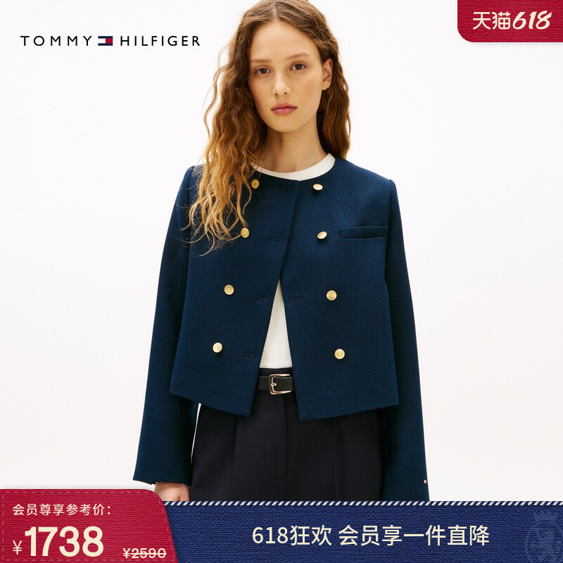 Tommy26春夏新款女装羊毛混纺优雅通勤双排金扣肌理短款圆领外套