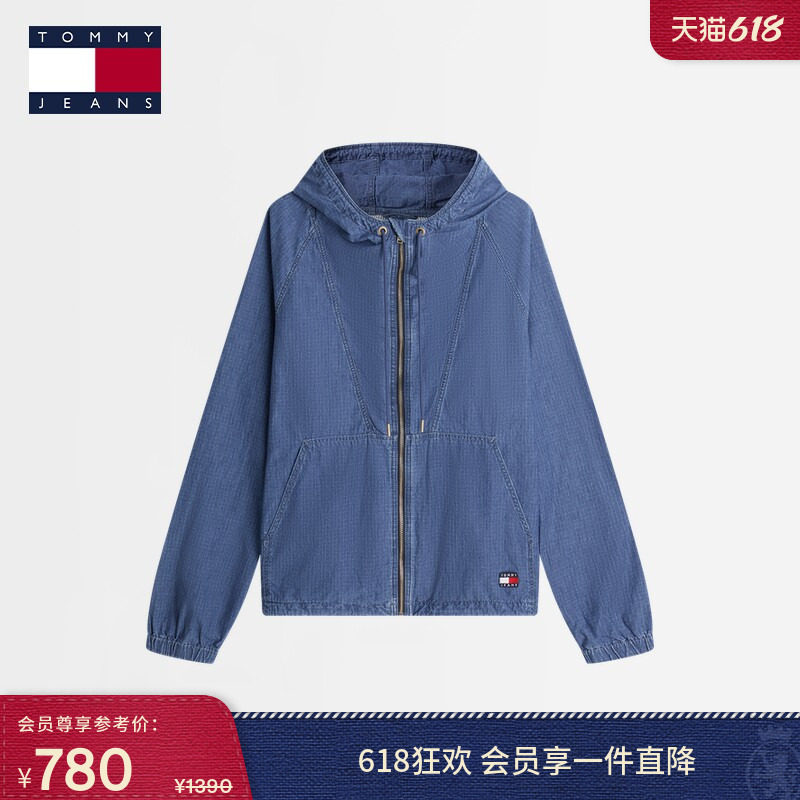 Tommy秋冬男装纯棉美式户外潮流小格纹刺绣轻薄连帽宽松牛仔外套