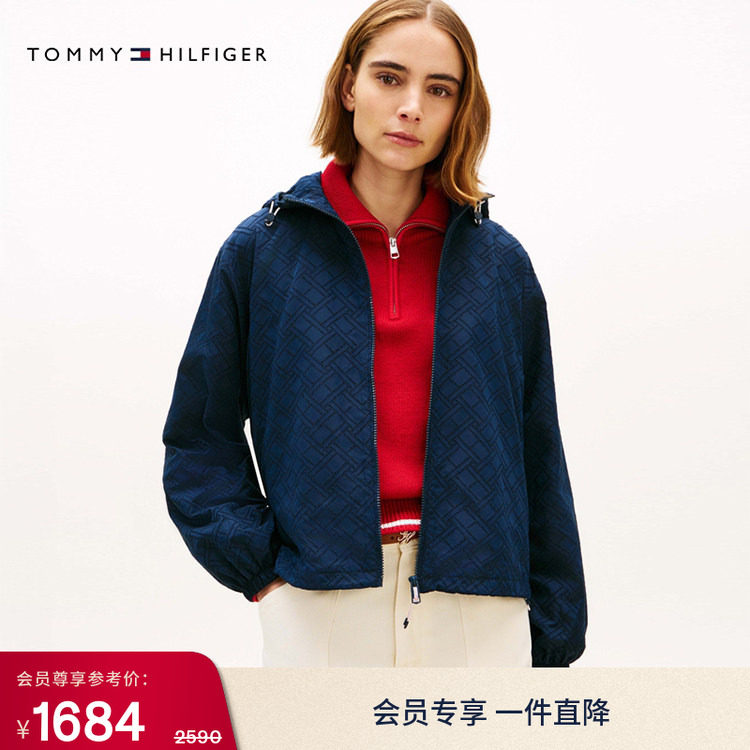 【宽松连帽】Tommy26秋冬女装休闲运动旗标镂空刺绣单夹克外套