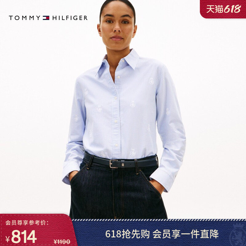 Tommy26春夏新款女纯棉牛津纺休闲徽章刺绣条纹宽松长袖衬衫外套
