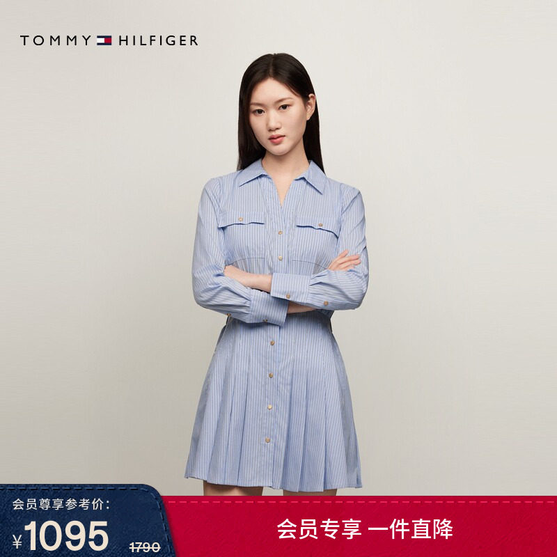 Tommy春夏女装时尚商务气质休闲通勤条纹收腰显瘦宽松衬衫连衣裙