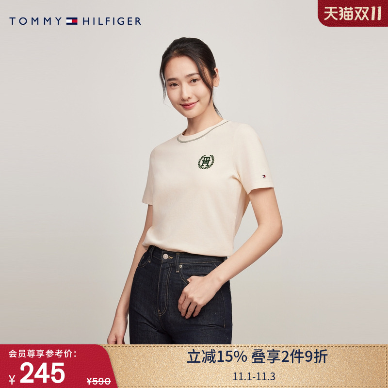 Tommy春夏女装纯棉植绒麦穗字母休闲圆领内搭打底衫针织短袖上衣