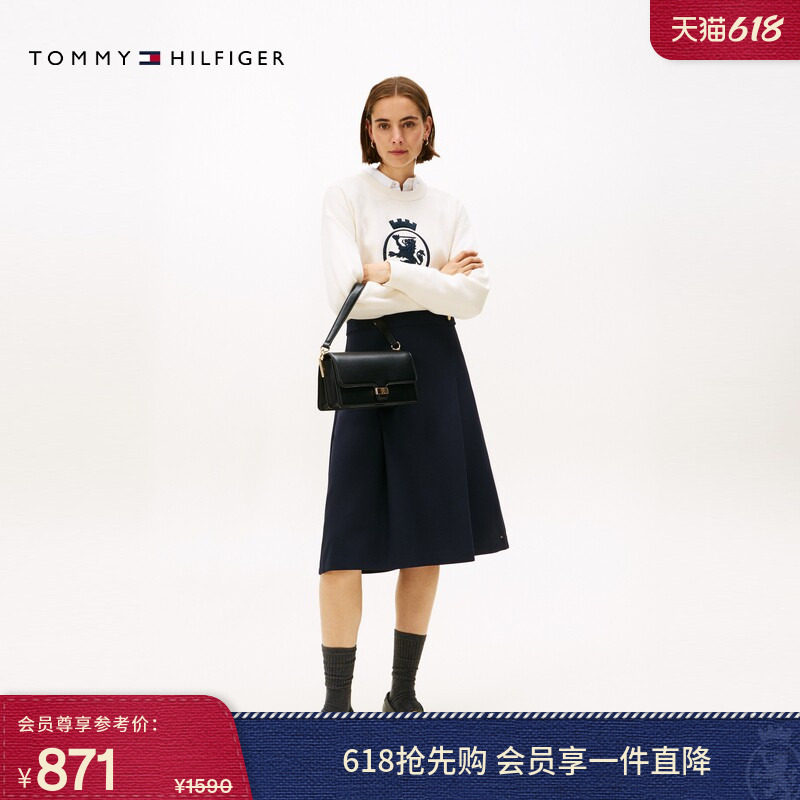 Tommy春夏女装气质优雅商务休闲通勤金属小标A字百褶西装裙半身裙