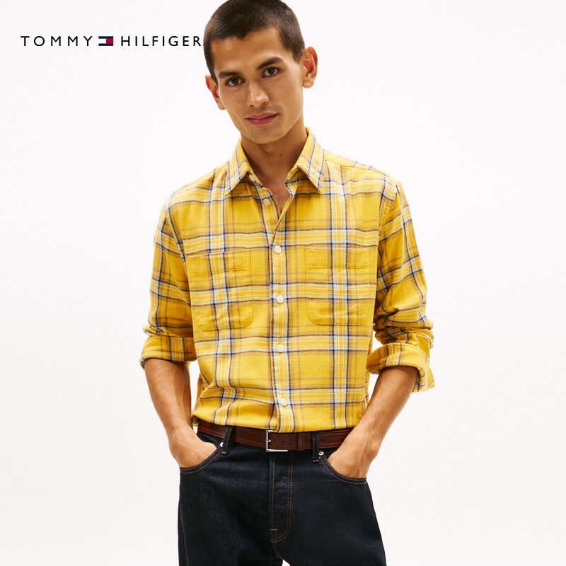 Tommy26春夏新款男装纯棉斜纹复古休闲通勤宽松格子长袖衬衫外套