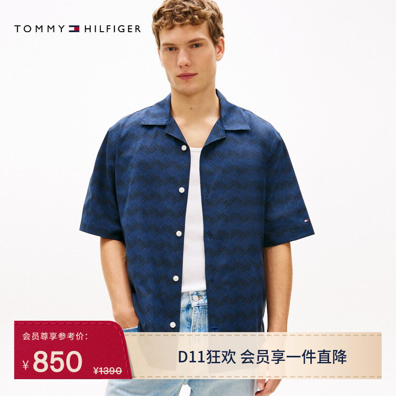 Tommy26春夏男装休闲度假风小隐格印花古巴领宽松短袖衬衣衬衫