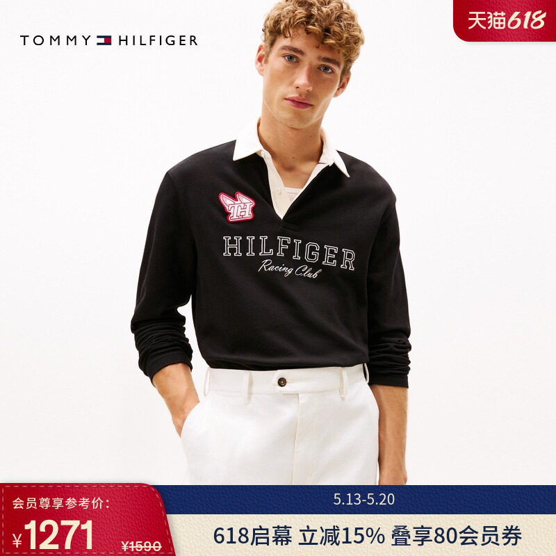 Tommy26春夏新款男装纯棉美式复古刺绣撞色翻领宽松长袖T恤POLO衫