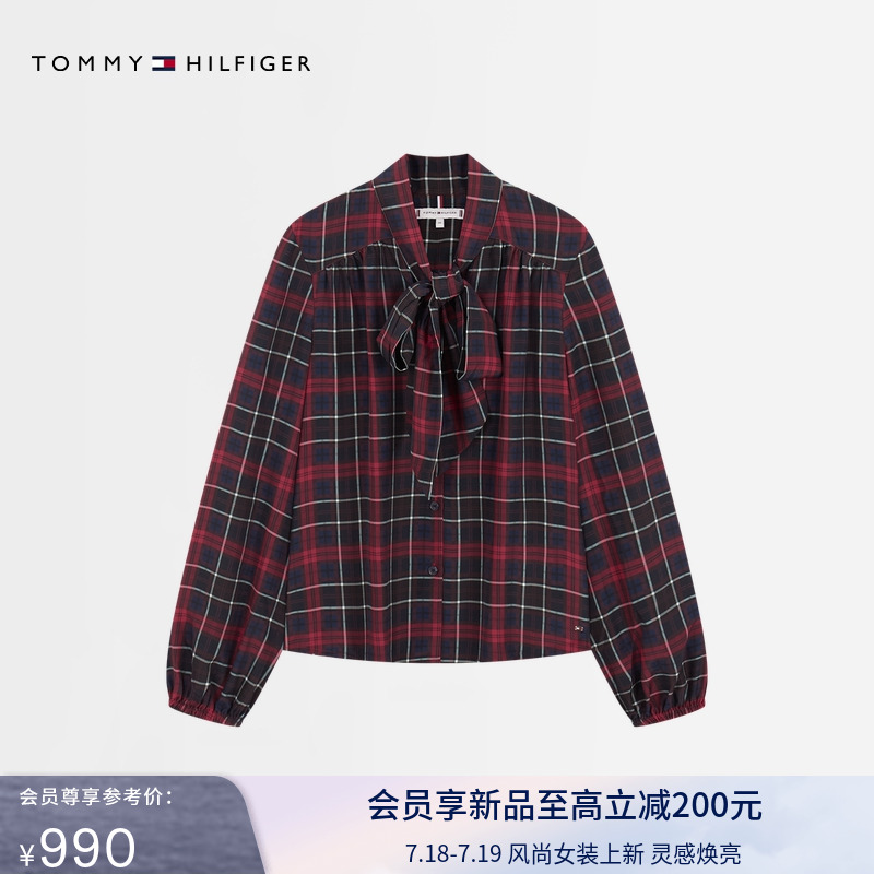 Tommy女装格纹蝴蝶结领长袖衬衫