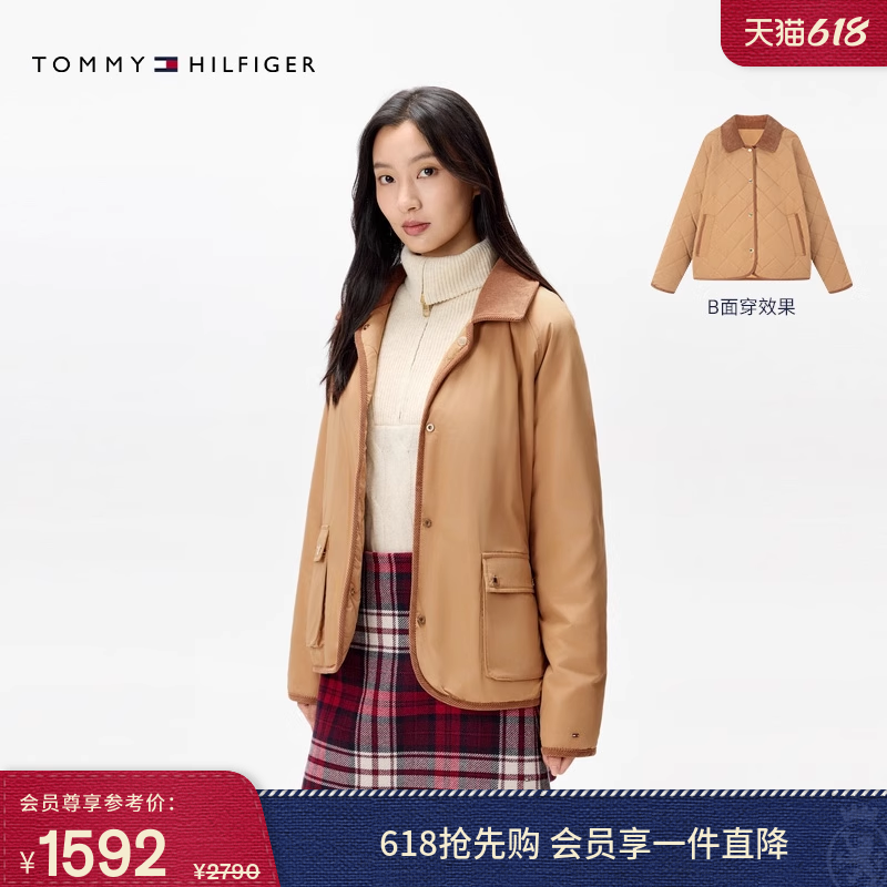 【双面穿】Tommy秋冬女装巴恩风灯芯绒镶边翻领菱格宽松棉服夹克