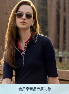 Tommy26春夏新款女装莱赛尔微弹优雅通勤镶边修身中袖T恤POLO衫