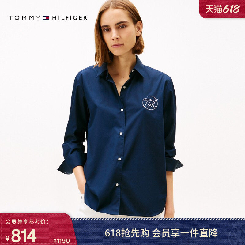 Tommy26春夏新款女装纯棉轻薄府绸花体刺绣条纹宽松长袖衬衫外套