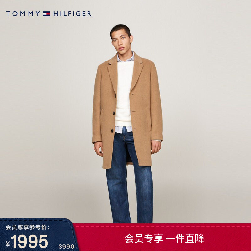 Tommy秋冬男装羊毛混纺都市休闲单排扣中长款翻领毛呢大衣外套