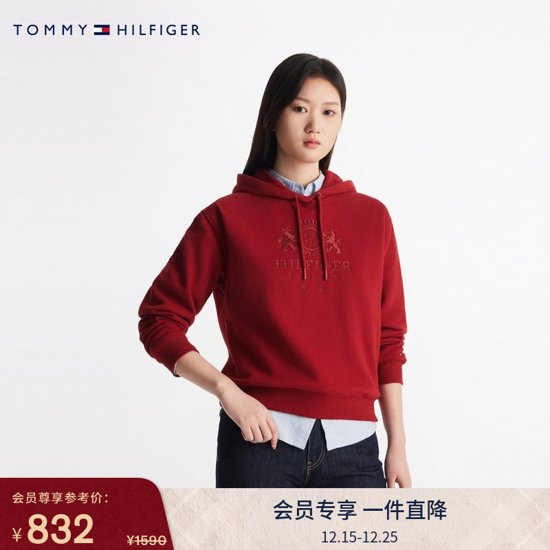 Tommy女装双狮刺绣抓绒连帽卫衣
