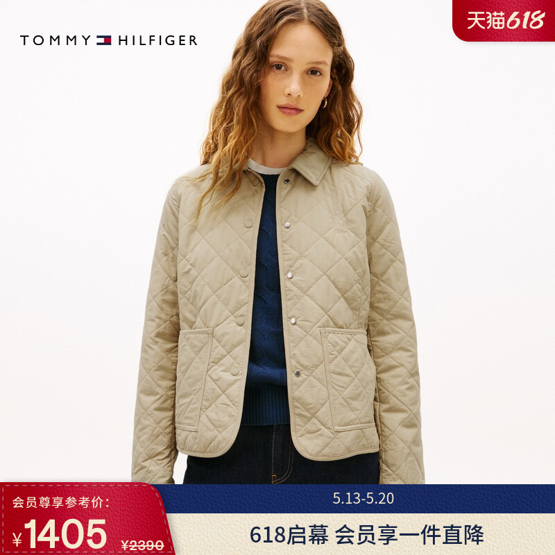 Tommy秋冬女装灯芯绒翻领复古休闲通勤轻薄菱格修身棉服夹克外套