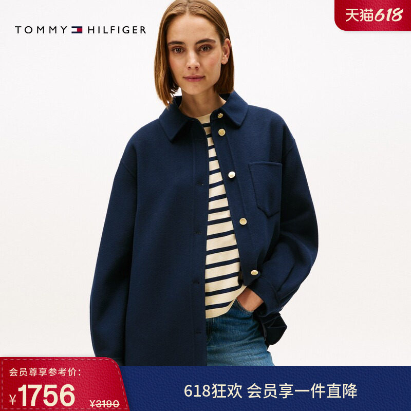 Tommy秋冬女装羊毛混纺优雅休闲通勤金扣中长翻领毛呢大衣外套