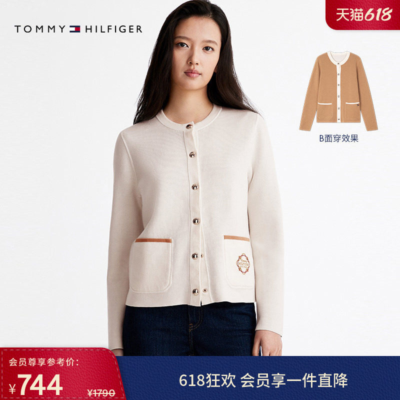 Tommy秋冬女装双面穿气质休闲通勤徽章刺绣针织圆领开衫外套