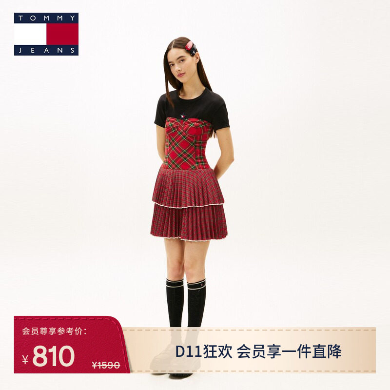 【TOMMY&nbsp;GIRL潮酷系列】春夏女甜美修身显瘦抹胸格纹蛋糕连衣裙