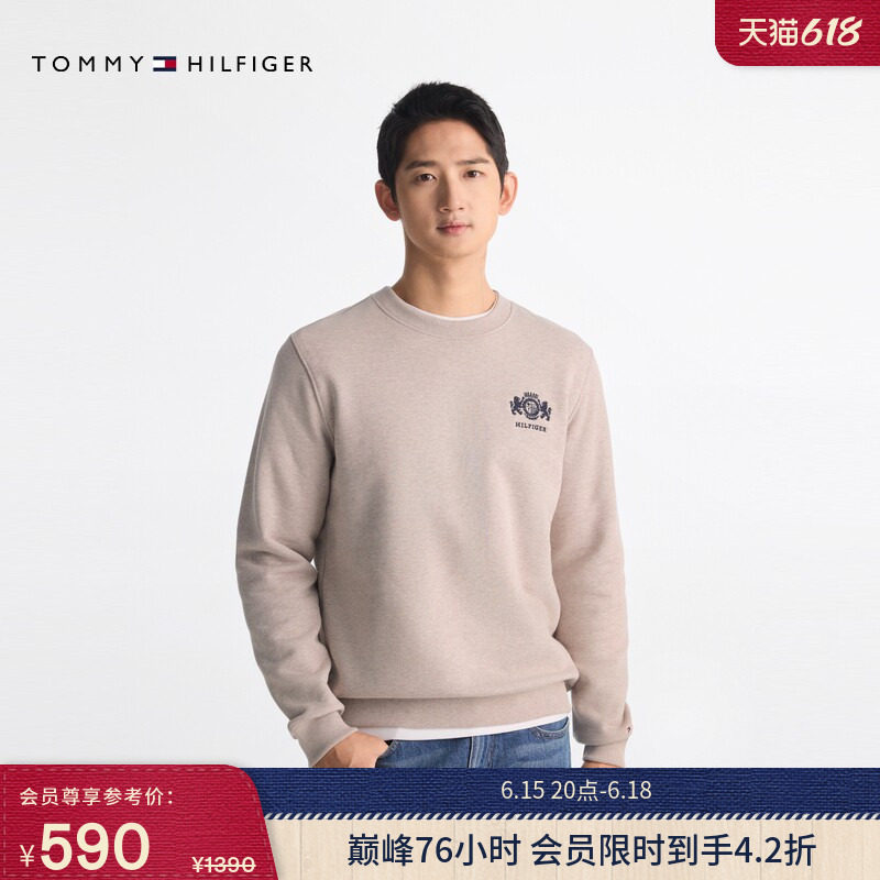 Tommy秋冬男装纯棉潮流美式休闲磨毛徽章刺绣圆领运动套头衫卫衣