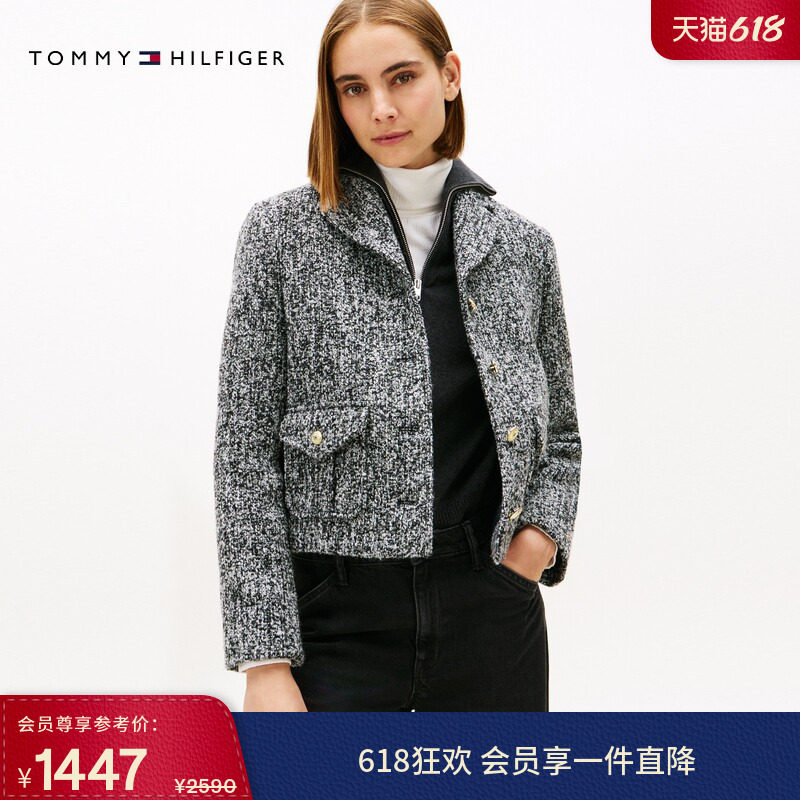 Tommy26春夏新款女装羊毛混纺优雅花纱粗花呢厚实翻领西装外套
