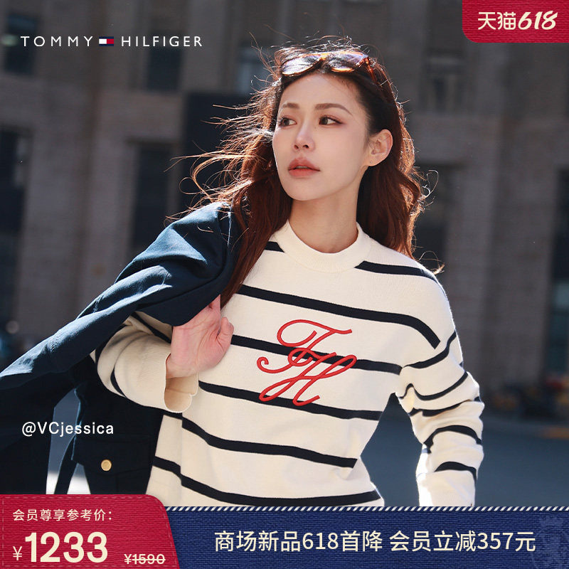 Tommy26春夏新款女装纯棉优雅通勤花体刺绣条纹宽松圆领针织衫