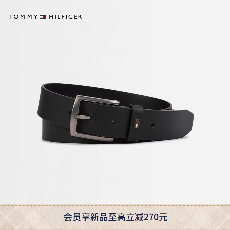 Tommy25秋冬新款男装光面牛皮革金属小标商务休闲针扣式腰带皮带