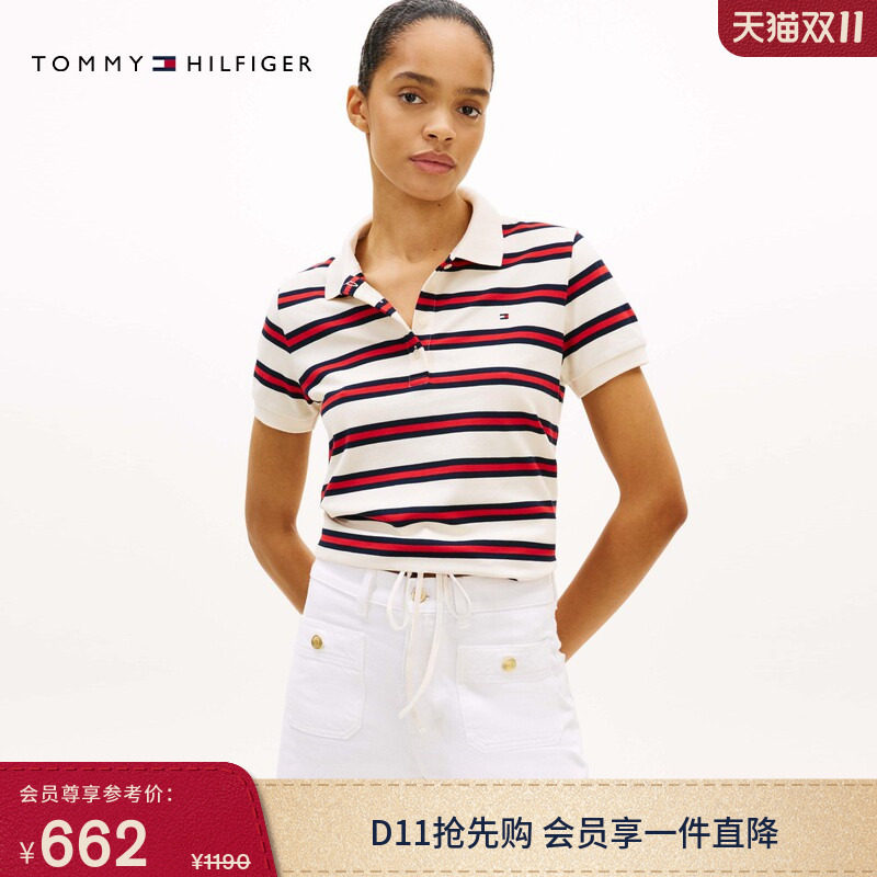 Tommy26春夏女装时尚潮流抽绳下摆休闲条纹四粒扣短袖T恤POLO衫