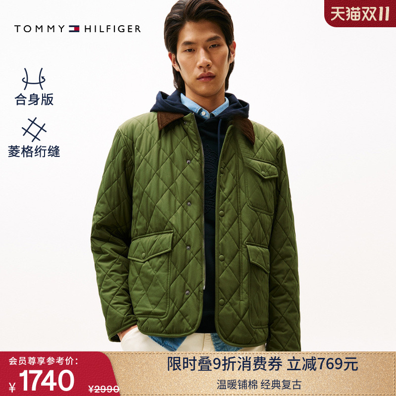 Tommy男装灯芯绒翻领菱格棉服