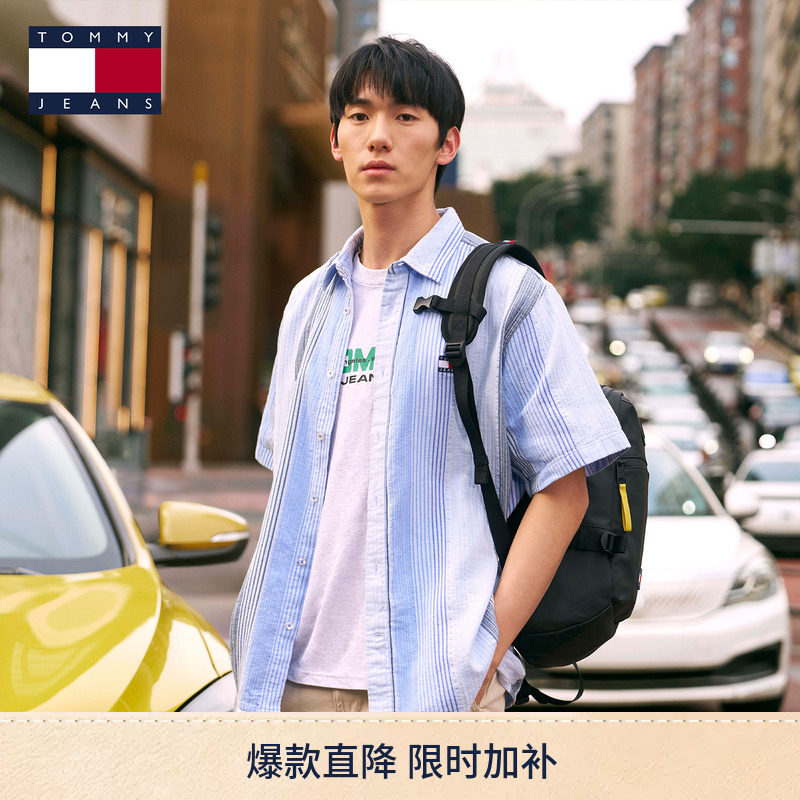 Tommy26春夏男装纯棉美式复古休闲拼色条纹肌理宽松短袖衬衫外套