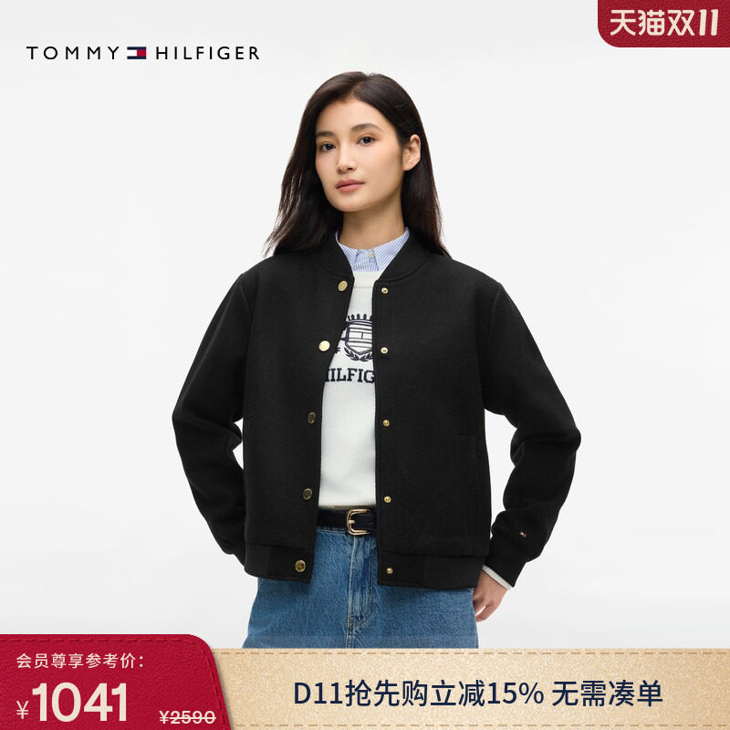 Tommy秋冬女装羊毛混纺经典时尚年轻休闲通勤金扣棒球领夹克外套