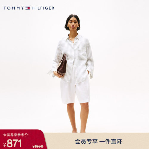 Tommy女装棉麻混纺垂感阔腿短裤