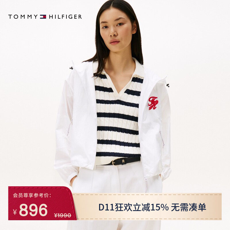 Tommy秋冬女装户外休闲通勤运动风花体刺绣亚洲版连帽夹克外套