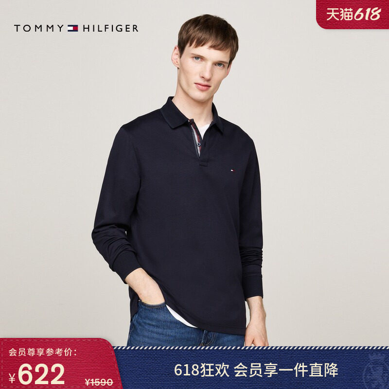 Tommy春夏男装丝光棉经典绣标撞色门襟商务休闲翻领长袖T恤POLO衫