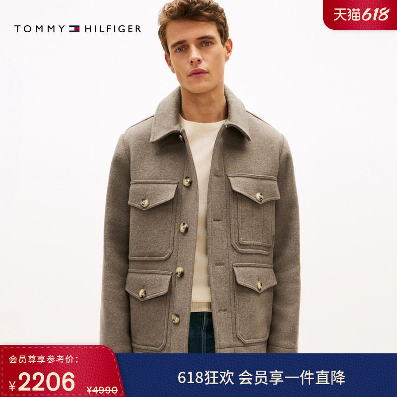 Tommy秋冬男装羊毛混纺商务休闲通勤立体贴袋翻领合身大衣外套