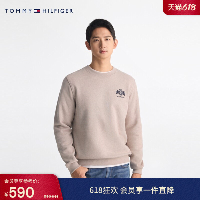 Tommy秋冬男装纯棉潮流美式休闲磨毛徽章刺绣圆领运动套头衫卫衣