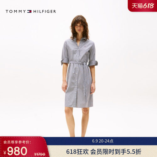 Tommy女装纯棉V领收腰衬衫裙