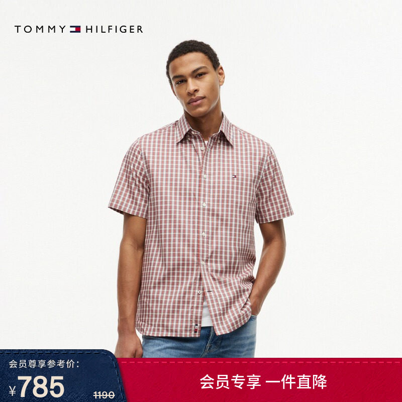【牛津纺】Tommy26春夏男装纯棉休闲通勤拼色小格纹短袖衬衣衬衫