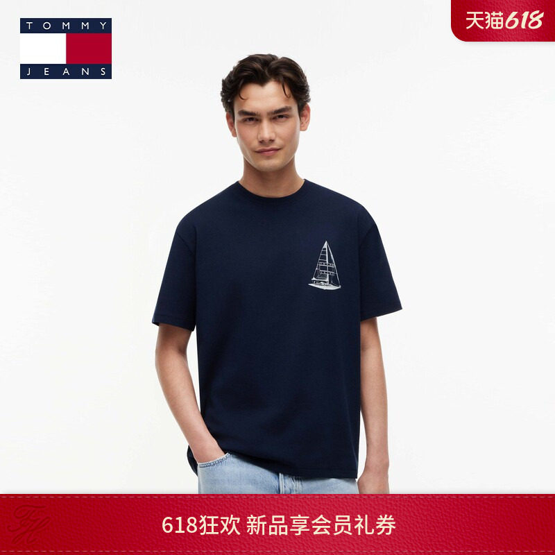 Tommy26春夏新款男装纯棉美式潮流休闲帆船印花圆领短袖上衣T恤