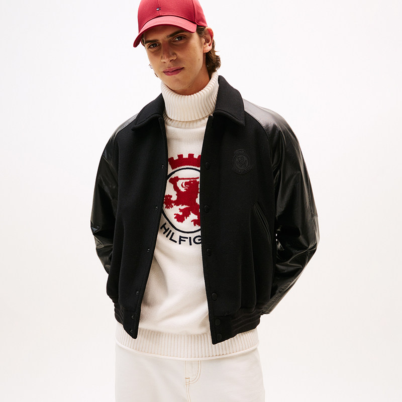Tommy秋冬男女羊毛混纺牛皮拼接美式潮流宽松翻领棉服夹克外套