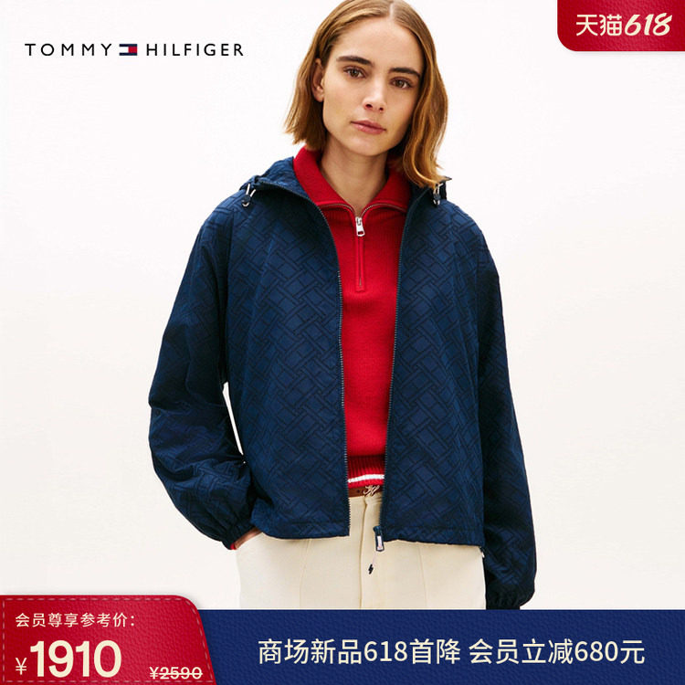 Tommy26春夏新款女装休闲运动旗标镂空刺绣连帽宽松单夹克外套