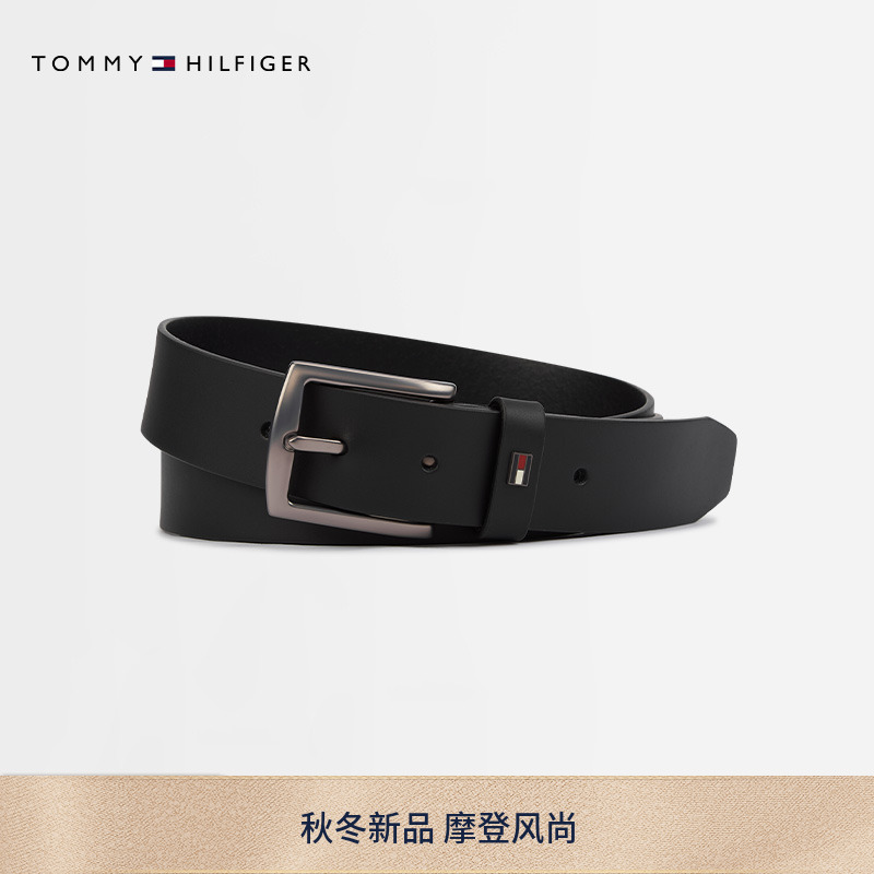 Tommy25秋冬新款男装光面牛皮革金属小标商务休闲针扣式腰带皮带