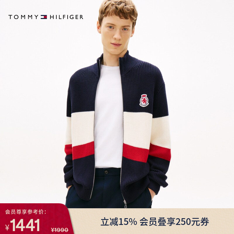 Tommy秋冬男女纯棉美式复古拼色徽章刺绣宽松立领针织开衫外套